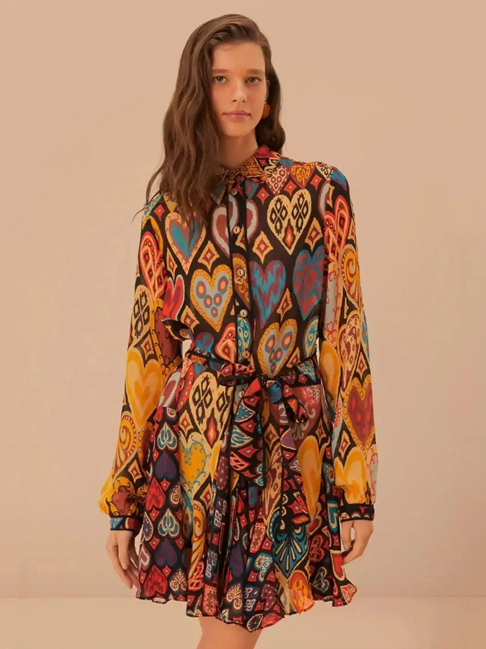 FARM Rio Black Multicolor Long-Sleeve Printed Wrap Dress